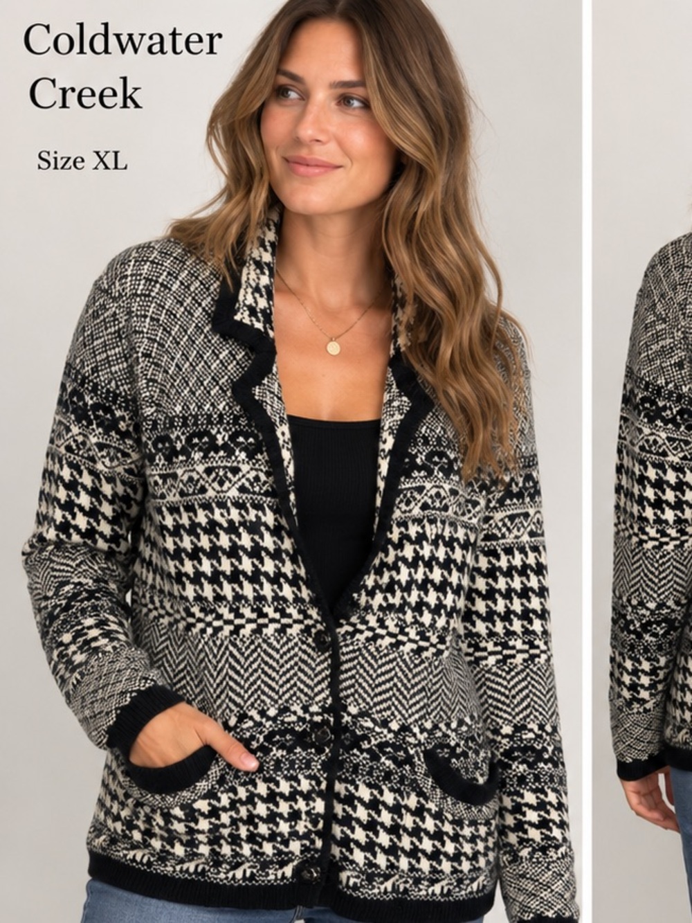 Coldwater Creek Black & Ivory Fair Isle Wool Blend Cardigan – XL